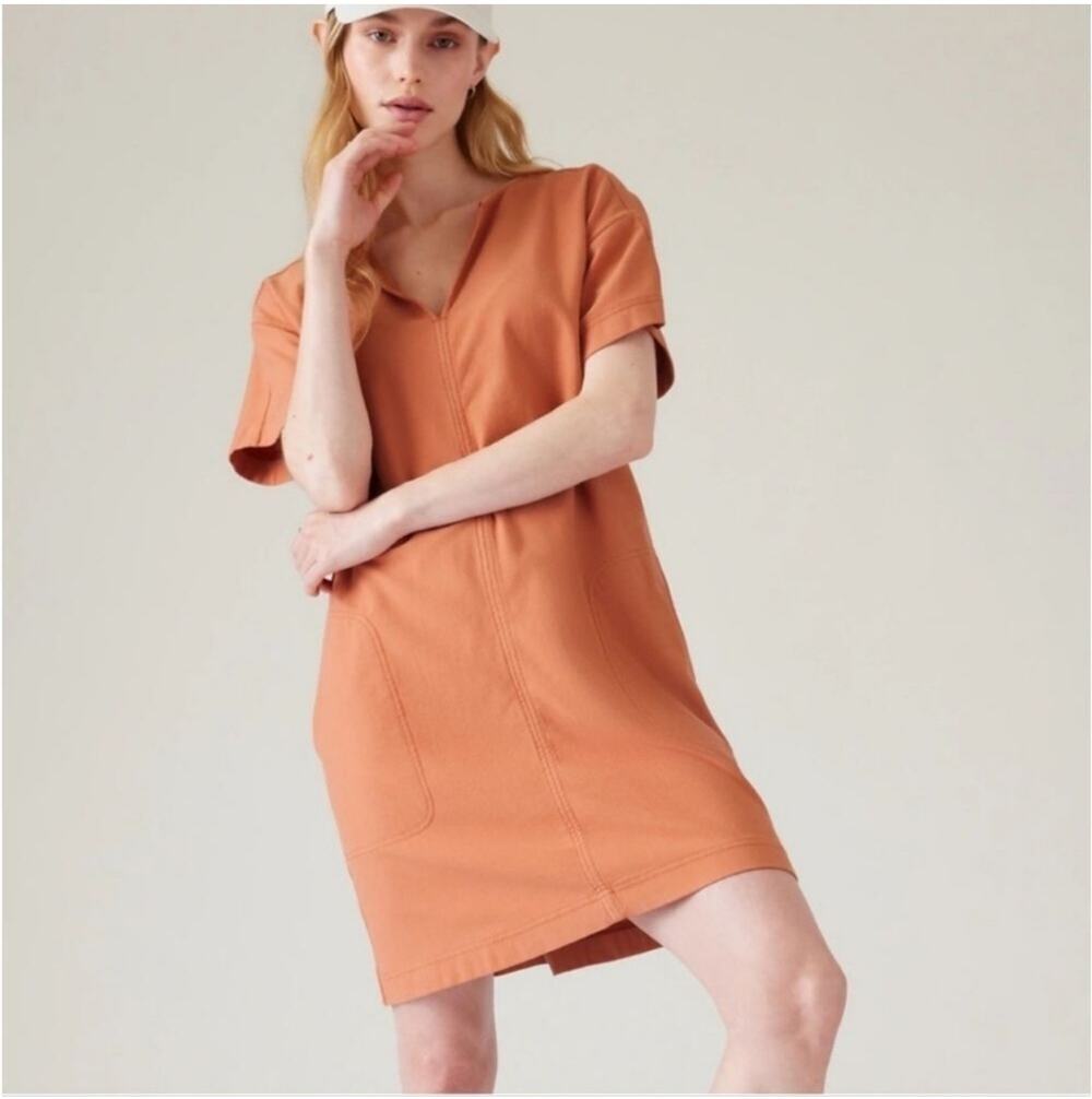 Athleta Dress Womens Small Peach Orange Farallon Short Sleeve V Neck Cotton
